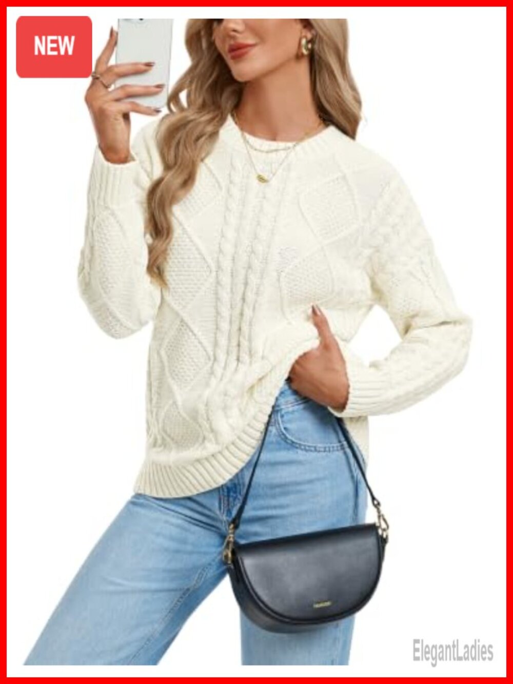 Oversized Cable Knit Sweater Crew Neck Long Sleeve Pullover